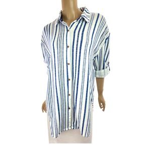 Eden & Olivia Size M Blouse Top Navy Gray White Stripe 3/4 Sleeve Button Front